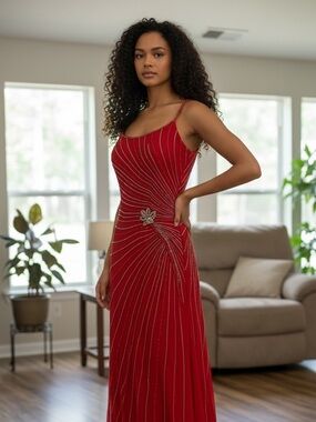 Tiffany Designs Pink/Red Beaded Spaghetti-Strap Evening Gown